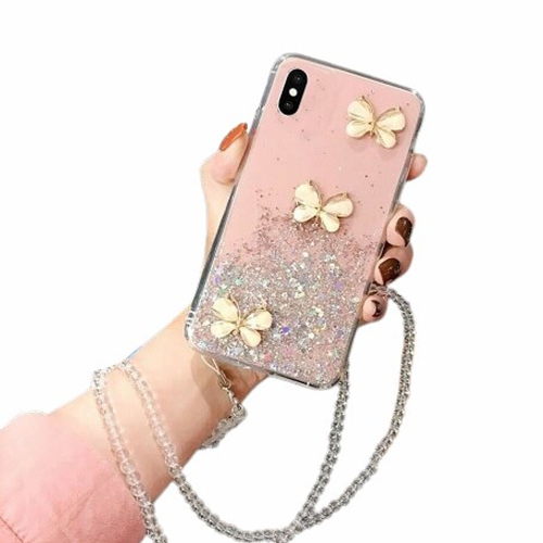 For Apple iPhone XS Pink Smart Shockproof Glitter Crystal butterfly Wrist  Strap Cover Case