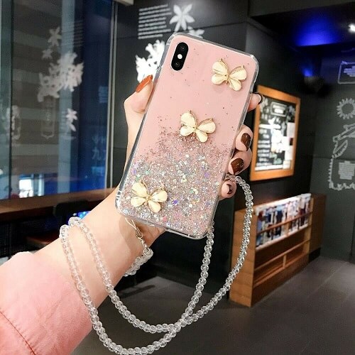 For Apple iPhone XS Pink Smart Shockproof Glitter Crystal butterfly Wrist Strap Cover Case