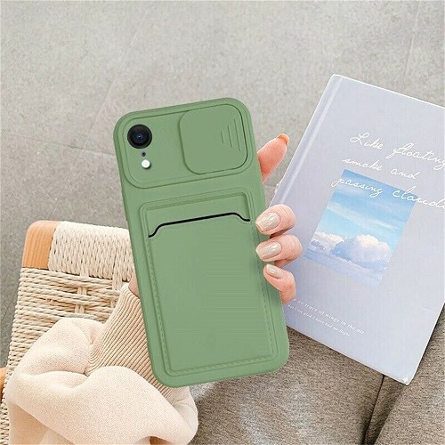 For Apple iPhone XR Green Smart Shockproof Slide Camera Protector Card Slots Wallet Cover Case