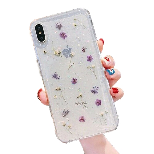 For Apple iPhone XS Max Purple Smart Shockproof Dry Flower Glitter Case TPU Back Cover