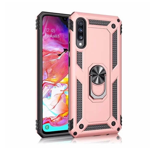Étui pour Galaxy A70 de Samsung avec support magnétique rotatif à 360 degrés en métal rose doré de qualité militaire et béquille pour support de
