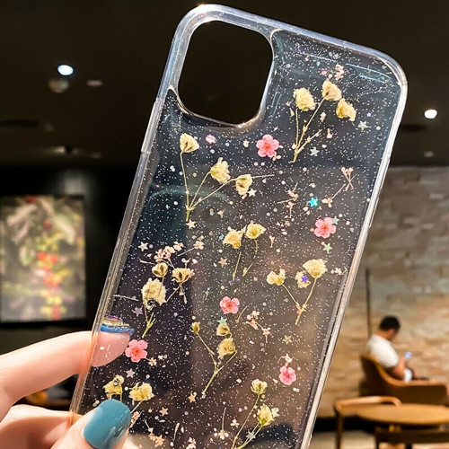 For Apple iPhone 11 Pro Max Purple Smart Shockproof Dry Flower Glitter Case TPU Back Cover