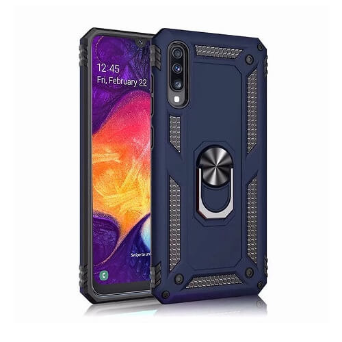 Samsung Galaxy A50 Case Blue Military Grade 360 Degree Rotating Metal Magnetic Ring Car Mount Holder Kickstand Shockproof Heavy Duty Cover