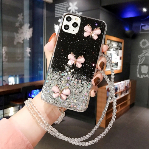 For Apple iPhone 11 Black Smart Shockproof Glitter Crystal butterfly Wrist Strap Cover Case