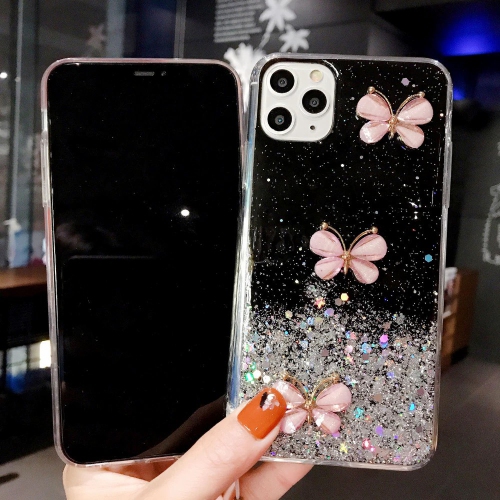 For Apple iPhone 7 Black Smart Shockproof Glitter Crystal butterfly Wrist Strap Cover Case