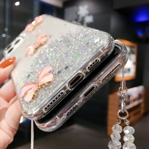 For Apple iPhone 7 Black Smart Shockproof Glitter Crystal butterfly Wrist Strap Cover Case