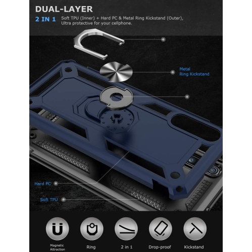 For Samsung Galaxy A70 Blue Military Grade 360 Degree Rotating Metal Magnetic Ring Car Mount Holder Kickstand Shockproof Heavy Duty Cover