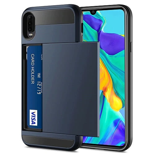 For Huawei P30 Blue Shockproof Card Slot Wallet Heavy Duty Case Tough 360 Cover Case