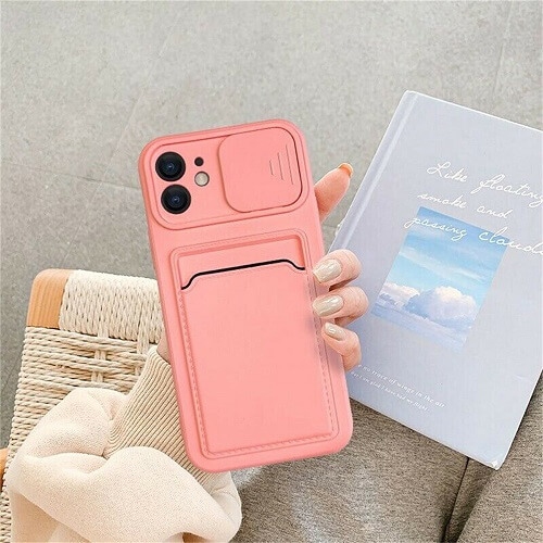 SUPERSHIELD  for Apple Iphone 12 Smart Shockproof Slide Camera Protector Card Slots Wallet Cover Case In Pink