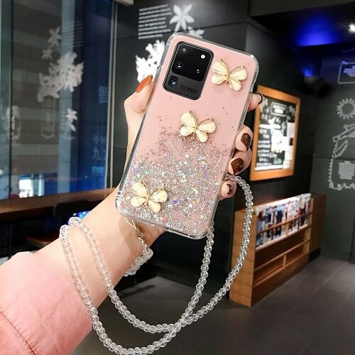 Pour Galaxy S20 Ultra de Samsung, étui-support à dragonne papillon en cristal scintillant rose pour Samsung