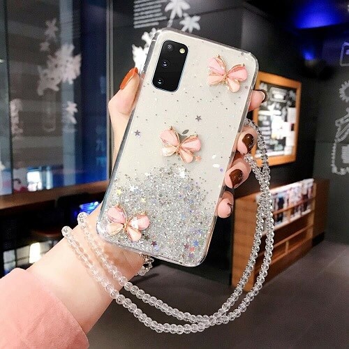 SUPERSHIELD  for Samsung Galaxy S20 Case Smart Shockproof Glitter Crystal Butterfly Wrist Strap Cover Case In White