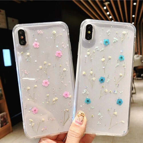For Apple iPhone XS Max Blue Smart Shockproof Dry Flower Glitter Case TPU Back Cover