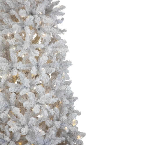 Sapin de Noël artificiel mince et floqué blanc pré-éclairé - 7,5 pi - lumières à DEL blanc chaud