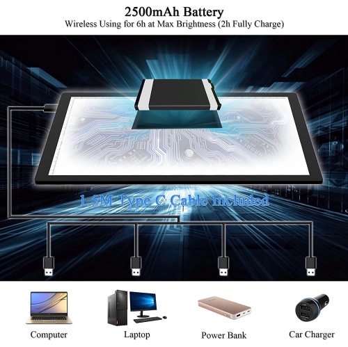 Rechargeable Light Box for Tracing Board Portable Cordless Light Pad Drawing A4 LED Trace Lights, Wireless Battery Operated Copy Board Dimmable Black Diamond Painting Sket