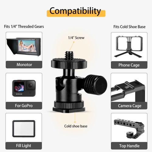 Mini BallHead with 1/4' Hot Shoe Mount Adapter for Cameras Camcorders Smartphone Microphone Monitor Tripods Monopods