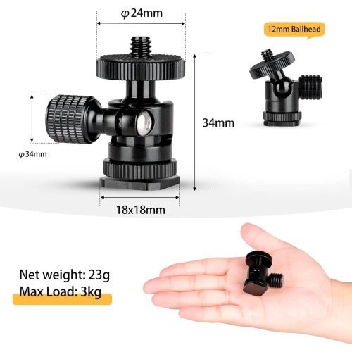 Mini BallHead with 1/4' Hot Shoe Mount Adapter for Cameras Camcorders Smartphone Microphone Monitor Tripods Monopods