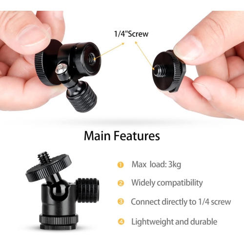 Mini BallHead with 1/4' Hot Shoe Mount Adapter for Cameras Camcorders Smartphone Microphone Monitor Tripods Monopods