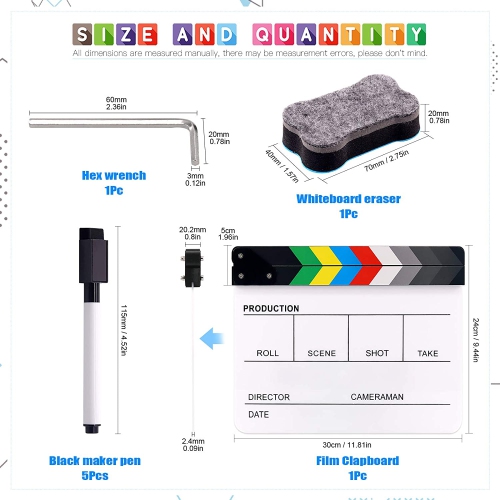8Pcs 10x12inch Colorful Acrylic Film Directors Clapboard Set, Plastic Film Clapboard Cut Action Scene Clapper Board with 5 Marker Pens, Hex Wrench and Blackboard Eraser