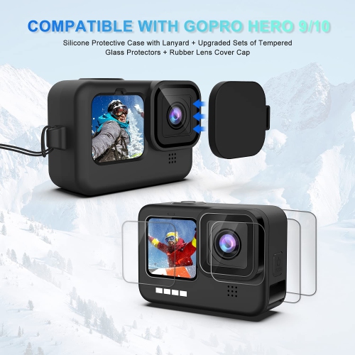 Accessories Kit for GoPro Hero 10/9 Black, Silicone Sleeve Protective Case with Rubber Cap + 6Pcs Tempered Glass Screen Protector with Lens Cover Cap