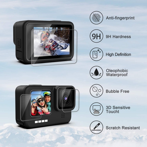 Accessories Kit for GoPro Hero 10/9 Black, Silicone Sleeve Protective Case with Rubber Cap + 6Pcs Tempered Glass Screen Protector with Lens Cover Cap