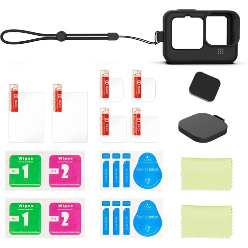 Accessories Kit for GoPro Hero 10/9 Black, Silicone Sleeve Protective Case with Rubber Cap + 6Pcs Tempered Glass Screen Protector with Lens Cover Cap