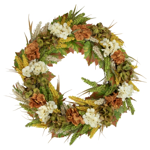 White and Orange Hydrangea Artificial Fall Harvest Twig Wreath, 28-Inch, Unlit