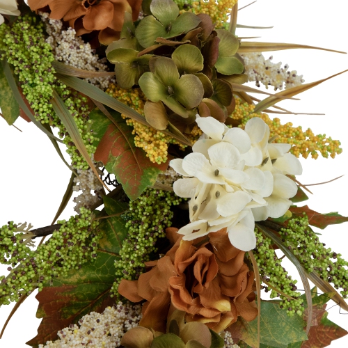 White and Orange Hydrangea Artificial Fall Harvest Twig Wreath, 28-Inch, Unlit