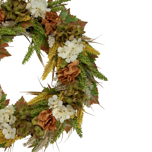 White and Orange Hydrangea Artificial Fall Harvest Twig Wreath, 28-Inch, Unlit