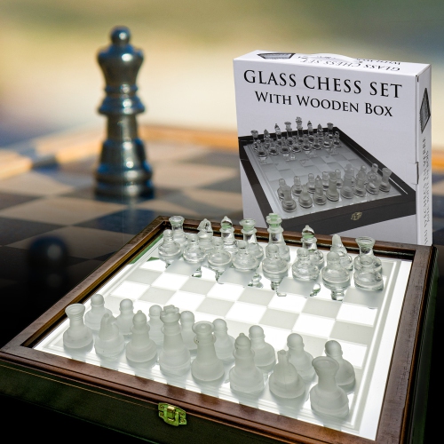 Glass Chess Set in Wooden Case: Universal Standard Chess Board Game Set - Frosted and Clear Pieces and Glass Board 35.7 X 35.7 CM