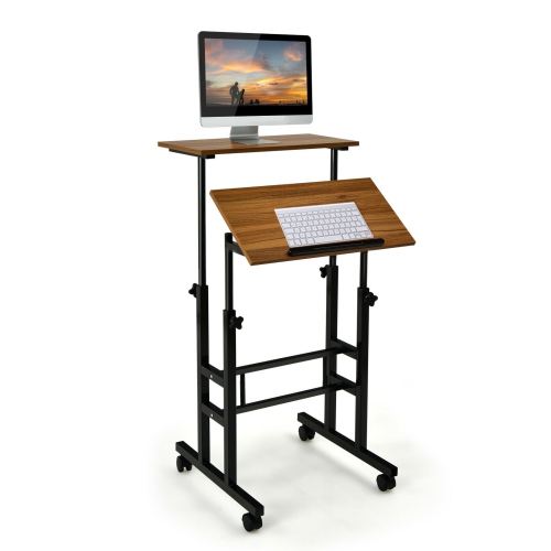 SLICKBLUE  Height Adjustable Mobile Standing Desk With Rolling Wheels for Office And Home-Walnut