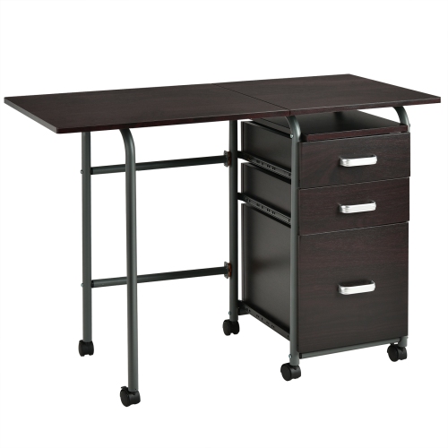 Folding Computer Desk on Wheels with 3 Drawers, Compact Home Office Workstation