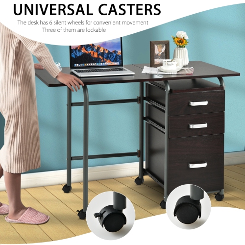 Folding Computer Desk on Wheels with 3 Drawers, Compact Home Office Workstation