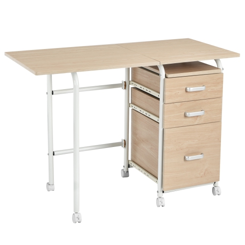 Folding Computer Desk on Wheels with 3 Drawers, Compact Home Office Workstation