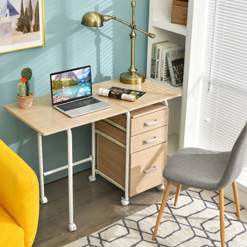 Folding Computer Desk on Wheels with 3 Drawers, Compact Home Office Workstation