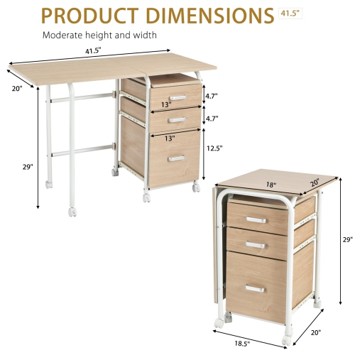 Folding Computer Desk on Wheels with 3 Drawers, Compact Home Office Workstation