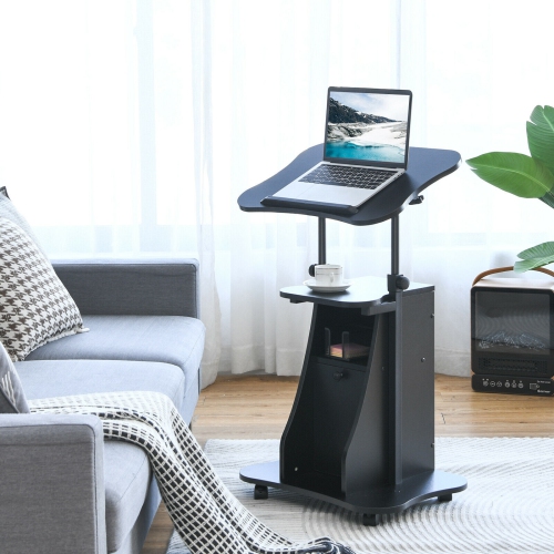 Portable Standing Desk Cart with Tilting Surface and Cabinet, Adjustable Height