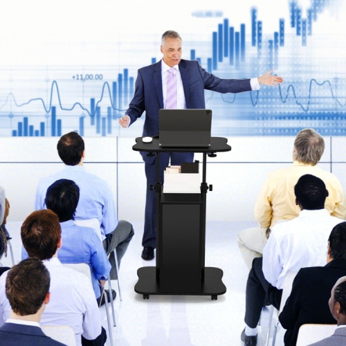 Portable Standing Desk Cart with Tilting Surface and Cabinet, Adjustable Height