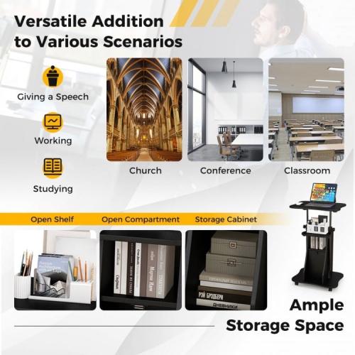 Portable Standing Desk Cart with Tilting Surface and Cabinet, Adjustable Height