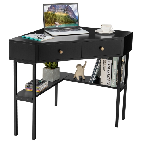 SLICKBLUE  Space Saving Corner Computer Desk With 2 Large Drawers And Storage Shelf-Black