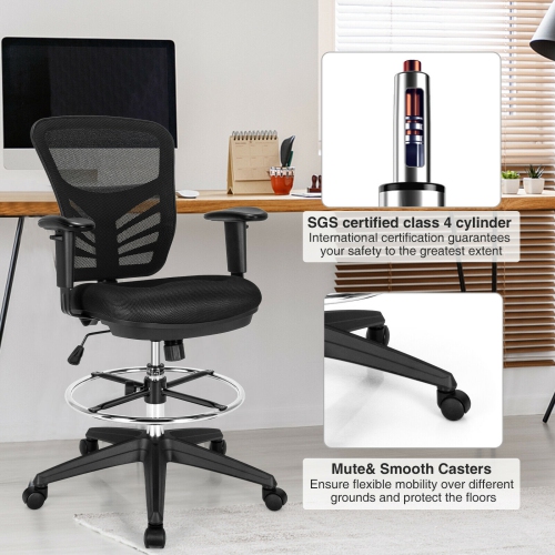 Mesh Drafting Office Chair with Adjustable Armrests and Foot Ring for Tall Desks