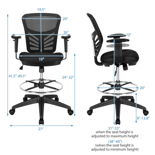 Mesh Drafting Office Chair with Adjustable Armrests and Foot Ring for Tall Desks
