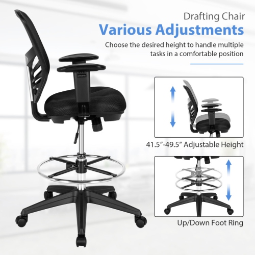 Mesh Drafting Office Chair with Adjustable Armrests and Foot Ring for Tall Desks