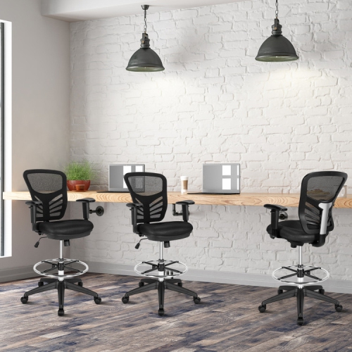 Mesh Drafting Office Chair with Adjustable Armrests and Foot Ring for Tall Desks