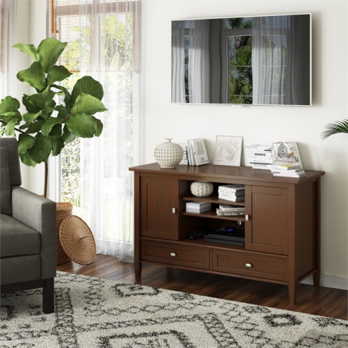 Simpli Home Warm Shaker Wood 47" Transitional TV Media Stand in Russet Brown For TVs up to 50"