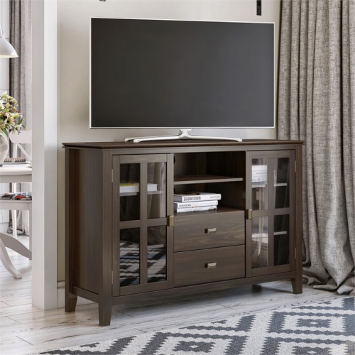 Simpli Home Artisan Wood 53" Transitional TV Media Stand in Tobacco Brown For TVs up to 60"