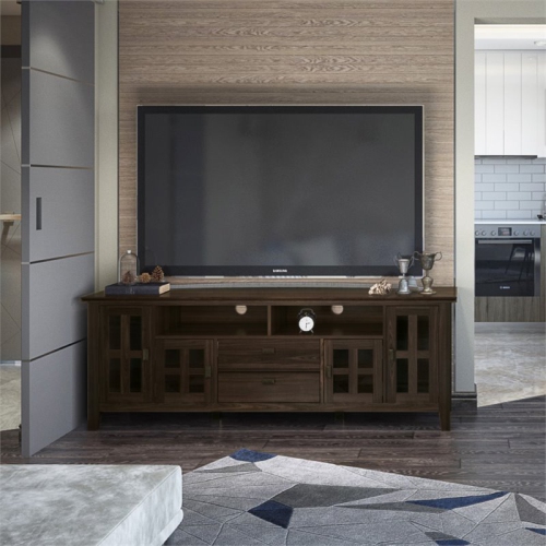 Simpli Home Artisan Wood 72" Transitional TV Media Stand in Tobacco Brown For TVs up to 80"