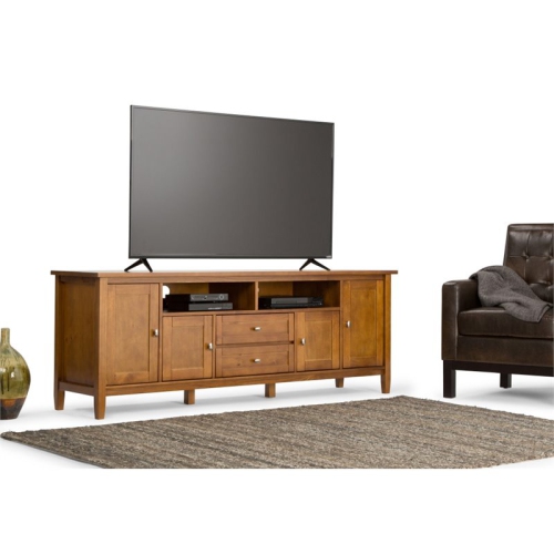 Simpli Home Warm Shaker Wood 72" Transitional TV Media Stand in Light Golden Brown For TVs up to 80"