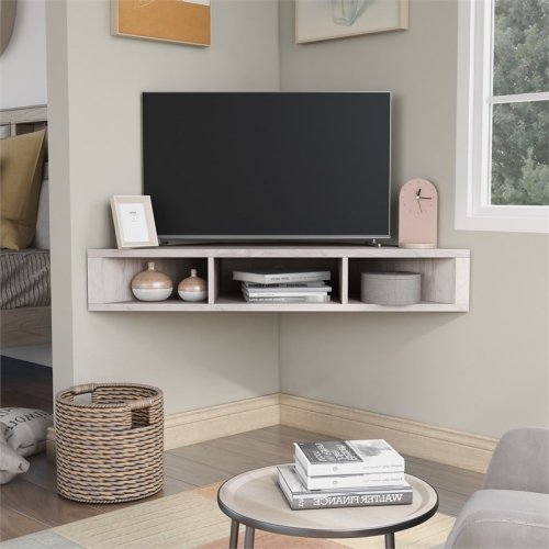 Bowery Hill Modern Corner Wood Floating 42" TV Stand in White Oak