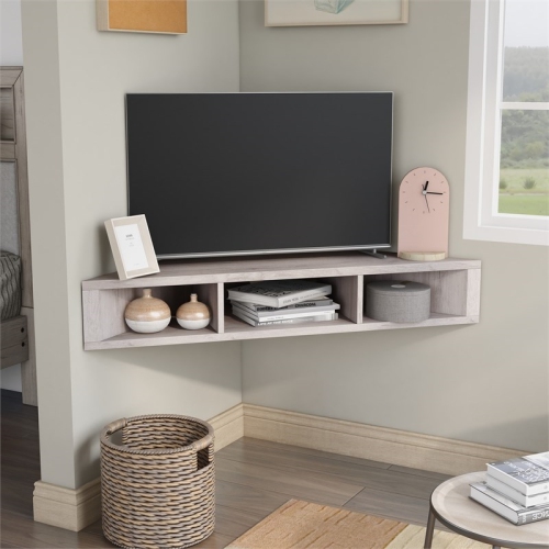 Bowery Hill Modern Corner Wood Floating 42" TV Stand in White Oak