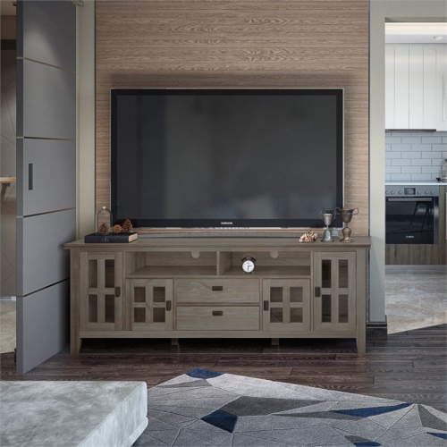 Simpli Home Artisan Wood 72" Transitional TV Media Stand in Gray For TVs up to 80"